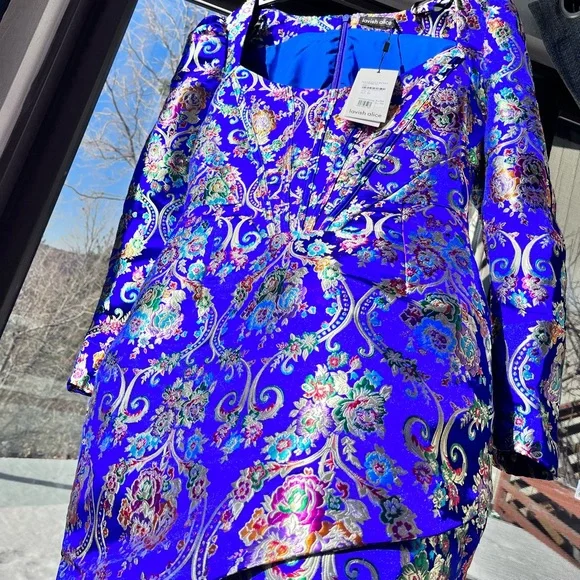 Lavish Alice: Jacquard Corset Embroidered Chinese Cobalt Wrap Mini Dress - Picture 9 of 13